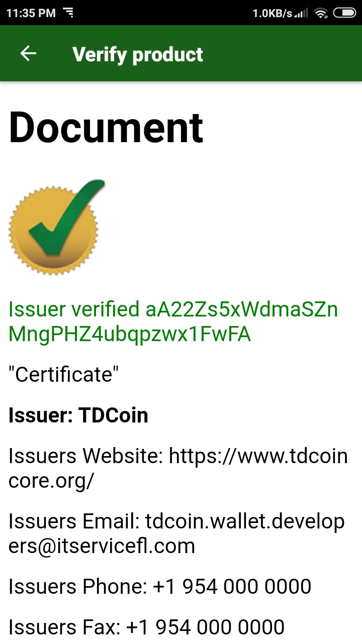 TDCoin wallet Verify function screenshot